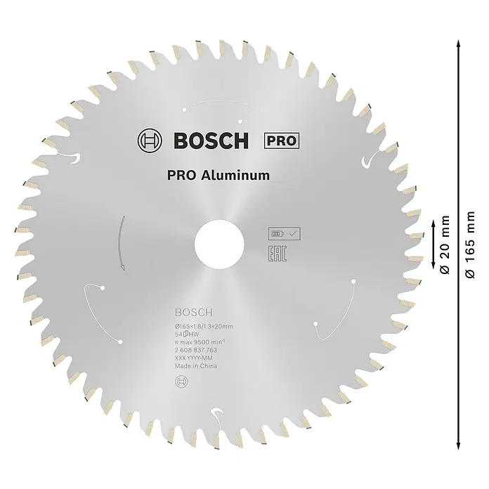Bosch Kreissägeblatt Standard for Aluminium - 165 mm, Bohrung: 20 mm, Anzahl Zähne: 54 Stk. - Kreissägeblatt „PRO Aluminium“ von Bosch, 165 mm Durchmesser, ideal für präzise Aluminiumbearbeitung.
