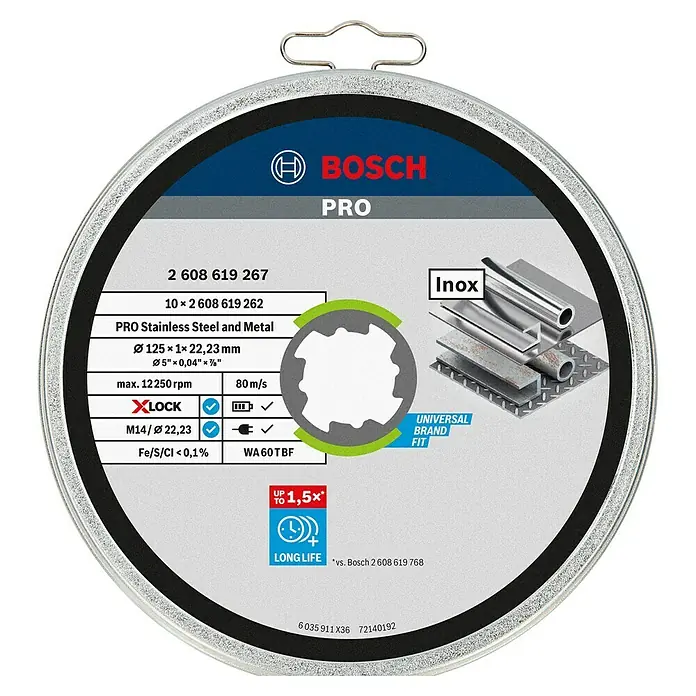Bosch Professional X-Lock Trennscheibe Standard for Inox - Geeignet für: Metall, Durchmesser Scheibe: 125 mm, 10 Stk. - Bosch PRO Trennscheibe für Edelstahl und Metall, 125 x 1 x 22,23 mm, für präzise und schnelle Schnitte.