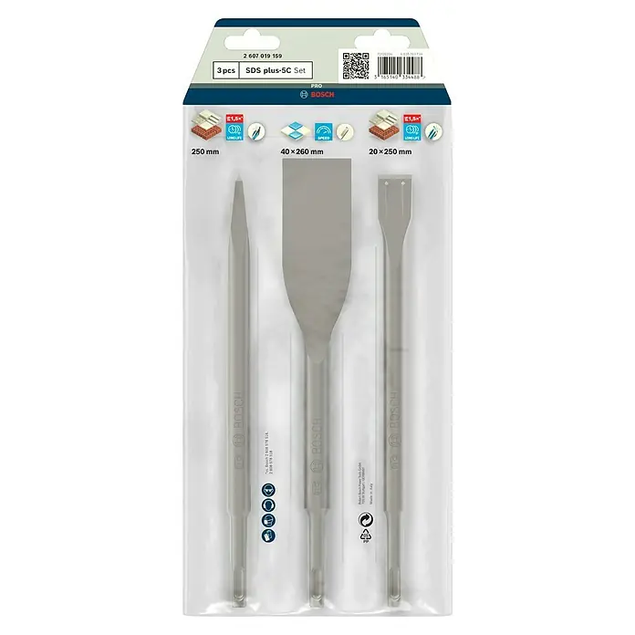 Bosch Meißel-Set Long Life - 3 -tlg. - Ein 3-teiliges Bosch SDS plus-5C Meißel-Set in einer transparenten Verpackung, ideal für Hammerbohrerarbeiten.