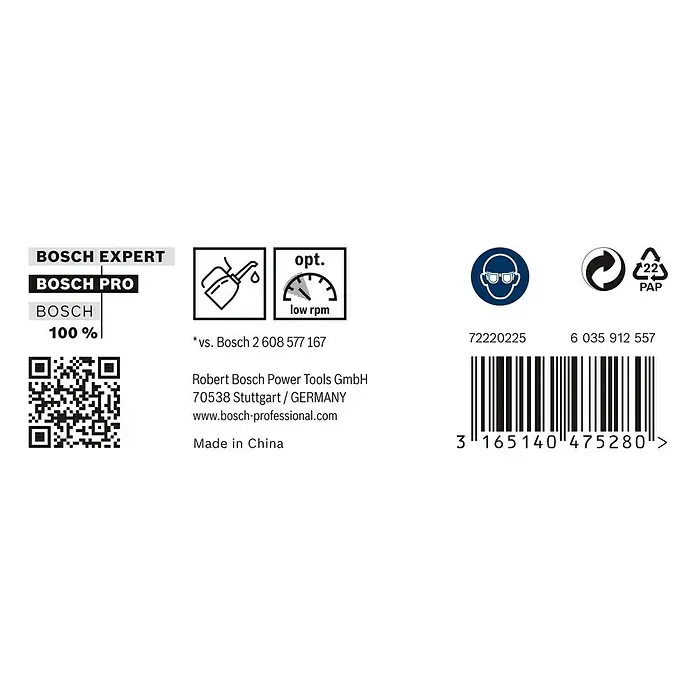 Bosch Metallbohrer HSS-G - Durchmesser Bohrer: 10,2 mm - Etikett mit Bosch-Experten- und Profi-Branding, Ölanzeige, Drehzahlmesser, Augenschutzsymbol, Recycling-Logo, Barcode und QR-Code.