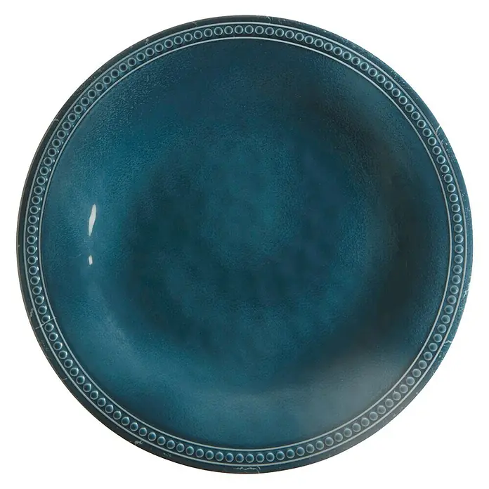 Marine Business Harmony Plato redondo Lagoon - 6 ud., Diámetro: 21,5 cm, Plástico, Azul - Primer plano de un elegante plato azul con un borde decorativo de círculos y líneas, perfecto para mesas elegantes.