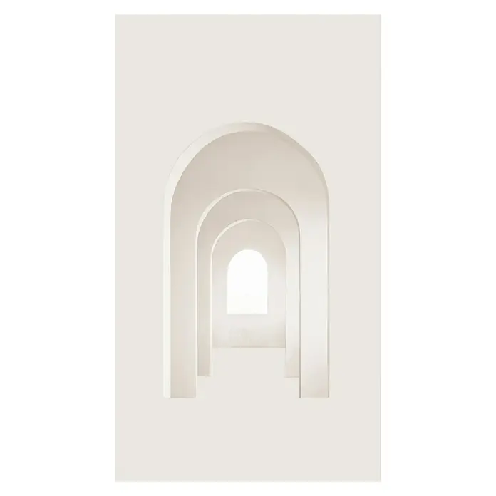 A.S. Création The Wall 3 Fototapete 3D-Optik Architekturbogen - B x H: 159 x 280 cm, Vlies - Die Fotografie zeigt einen minimalistischen Raum mit einer Reihe von sich wiederholenden Torbögen, die in sanften Weißtönen gehalten sind.
