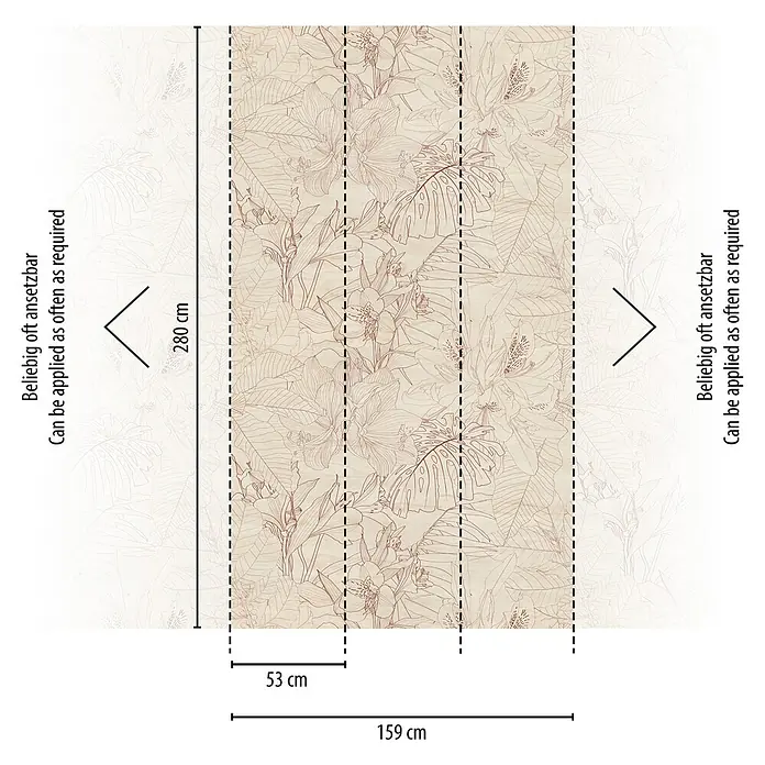 A.S. Création The Wall 3 Fototapete Floral - B x H: 159 x 280 cm, Vlies - Abbildung der Tapetenrolle mit tropischem Muster, Abmessungen 280 cm Höhe und 53 cm Breite.