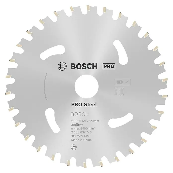 Bosch Kreissägeblatt Standard for Steel - 136 mm, Bohrung: 20 mm, Anzahl Zähne: 30 Stk. - Nahaufnahme eines Bosch Pro Steel Sägeblatts, ideal für professionelle Anwendungen und präzise Schnitte.