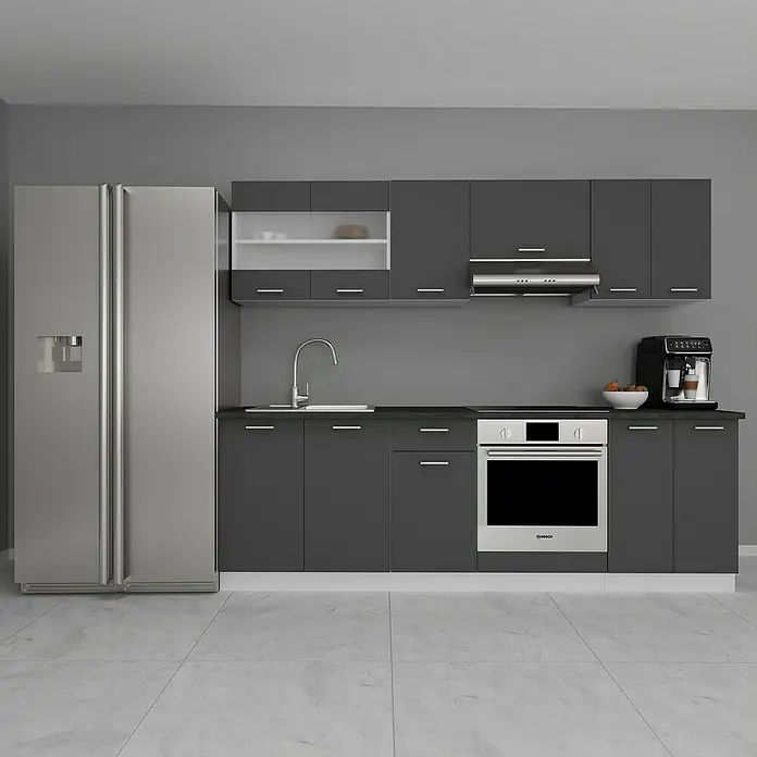 VCM Esilo Küchenleerblock - Breite: 240 cm, Anthrazit, Ohne Elektrogeräte - Elegante, moderne graue Küche mit Geräten aus rostfreiem Stahl, darunter Kühlschrank, Ofen und Kaffeemaschine. Stilvolles Küchendesign mit klaren Linien.