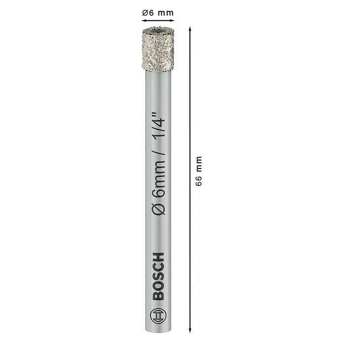 Bosch Expert Diamant-Trockenbohrer Expert for Ceramic - Durchmesser Bohrer: 6 mm - Das Bild zeigt einen 6mm Bosch Diamantbohrer mit einer Gesamtlänge von 66mm, geeignet für präzise Bohrungen in harten Materialien.