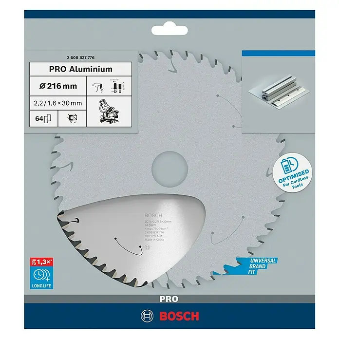 Bosch Kreissägeblatt Standard for Aluminium - 216 mm, Bohrung: 30 mm, Anzahl Zähne: 64 Stk. - Bosch PRO Aluminium Sägeblatt, Ø 216 mm, ideal zum Sägen von Aluminium, optimiert für Akku-Werkzeuge, lange Lebensdauer.