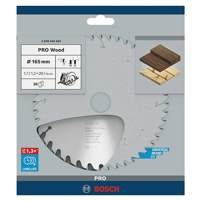 Bosch Kreissägeblatt Pro Wood - 165 mm, Bohrung: 20 mm, Anzahl Zähne: 36 Stk. - Das Bild zeigt eine blaue Bosch Pro Wood Kreissäge mit einem Durchmesser von 165 mm, ideal für Holzarbeiten.