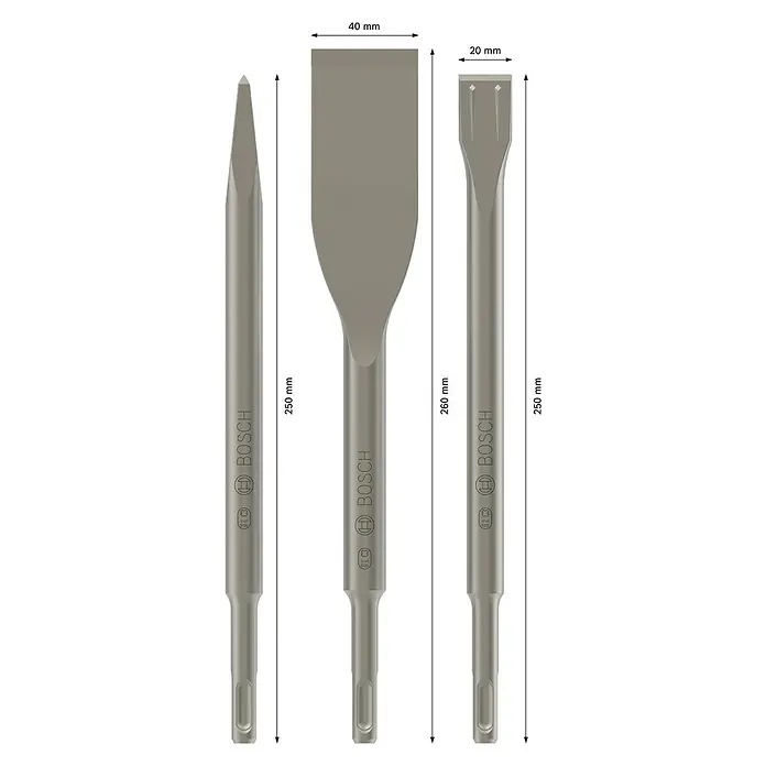 Bosch Meißel-Set Long Life - 3 -tlg. - Abbildung von drei Bosch-Meißeln mit unterschiedlichen Spitzen und Größen, die für Bohrhämmer geeignet sind.