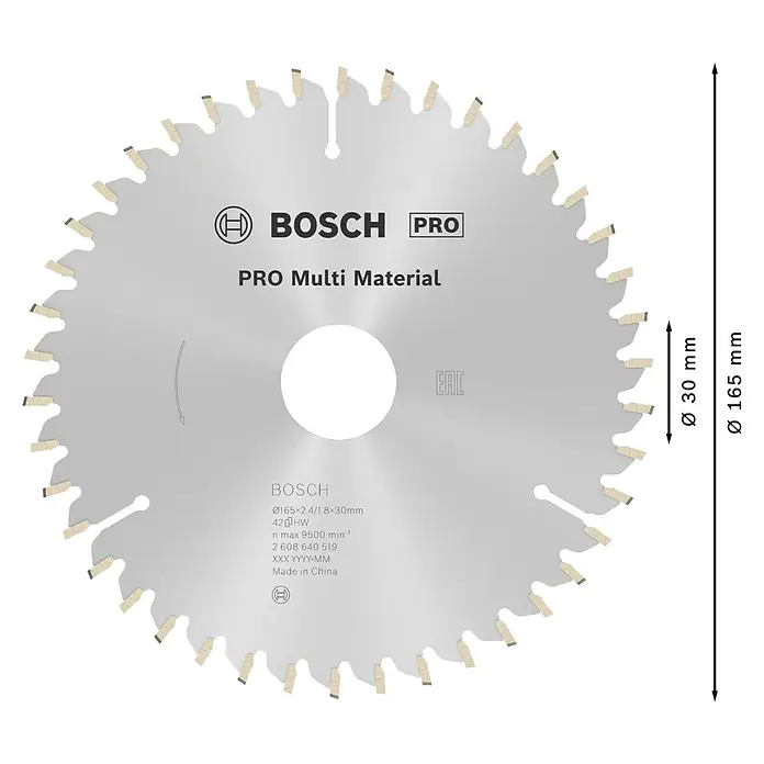Bosch Kreissägeblatt Multimaterial - 165 mm, Bohrung: 30 mm, Anzahl Zähne: 54 Stk. - Kreissägeblatt von Bosch Pro Multi Material, Durchmesser 165 mm, ideal für diverse Materialien, für präzise Schnitte.