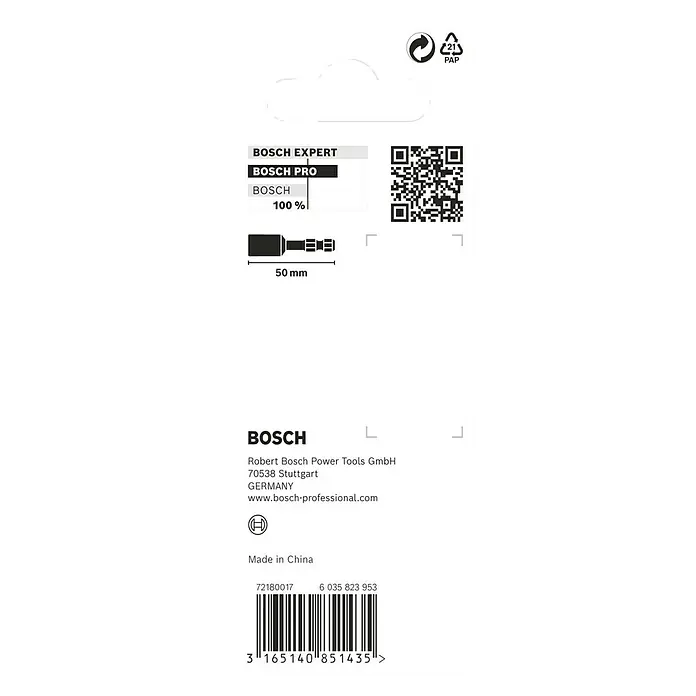 Bosch Inserto para llaves de vaso Impact Control - Ancho de llave: 13 mm, Tamaño de accionamiento: ¼'' hexágono exterior - Imagen de un vaso Bosch Pro con la inscripción "100 % Bosch" y una indicación de tamaño de 50 mm. También se muestran información del embalaje y un código de barras.