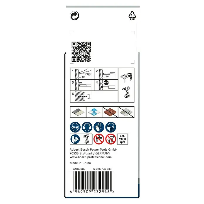 Bosch Expert Diamant-Trockenbohrer Expert for Ceramic - 3 Stk., Durchmesser Bohrer: 8 mm - Bild einer Produktverpackung mit Anweisungen und Sicherheitsvorkehrungen für ein Bosch-Werkzeug, inklusive Barcode und Herstellerinformationen.