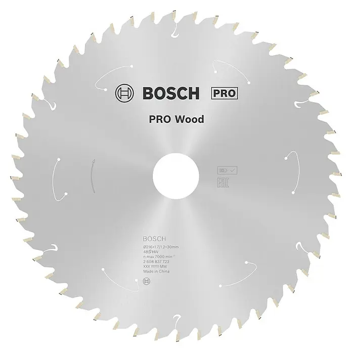 Bosch Kreissägeblatt Standard for Wood - 216 mm, Bohrung: 30 mm, Anzahl Zähne: 48 Stk. - Ein Bosch Pro Wood Kreissägeblatt mit einer klaren Darstellung der Marke, Spezifikationen und einem Fokus auf seine Holzbearbeitungsfähigkeiten.