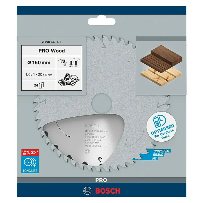 Bosch Kreissägeblatt Standard for Wood - 150 mm, Bohrung: 20 mm, Anzahl Zähne: 24 Stk. - Kreissägeblatt "PRO Wood" von Bosch, Durchmesser 150 mm, optimiert für Akku-Werkzeuge, lange Lebensdauer und universelle Markenanpassung.