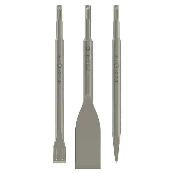 Bosch Meißel-Set Long Life - 3 -tlg. - Drei Bosch-Meißel in verschiedenen Ausführungen für den Einsatz in Bohr- und Abbruchhämmern. Ideal zum Stemmen und Bearbeiten von Stein und Beton.
