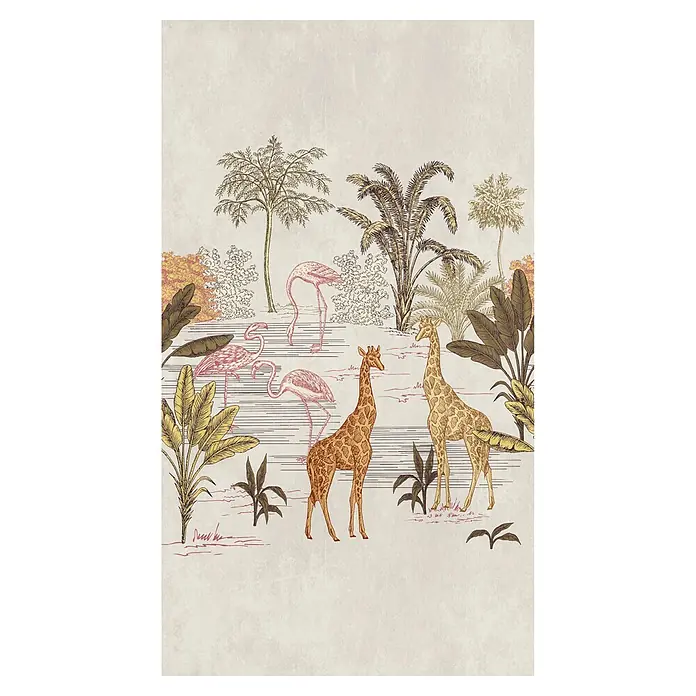 A.S. Création The Wall 3 Fototapete Safari - B x H: 159 x 280 cm, Vlies - Elegantes Dschungel-Wandbild mit Flamingos und Giraffen zwischen exotischen Pflanzen, ideal für eine stilvolle Raumgestaltung.