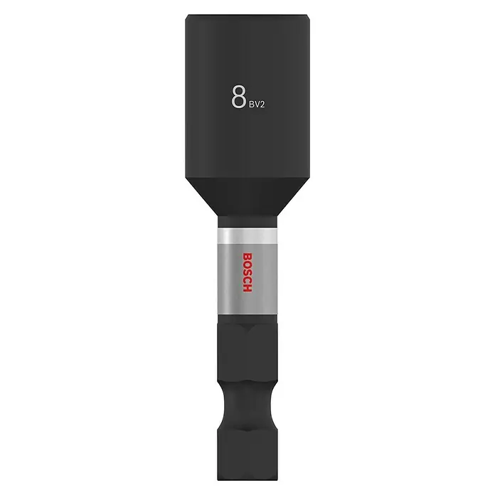 Bosch Inserto para llaves de vaso Impact Control - Ancho de llave: 8 mm, Tamaño de accionamiento: ¼'' hexágono exterior - Primer plano de una punta de impacto Bosch 8 BV2, ideal para atornillar con precisión, alto rendimiento y larga duración.