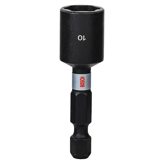 Bosch Inserto para llaves de vaso Impact Control - Ancho de llave: 10 mm, Tamaño de accionamiento: ¼'' hexágono exterior - Aquí hay un fijador de tuercas de Bosch, una herramienta robusta diseñada para tareas de atornillado, claramente marcada con '10' que indica su tamaño.