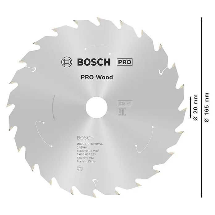 Bosch Kreissägeblatt Standard for Wood - 165 mm, Bohrung: 20 mm, Anzahl Zähne: 24 Stk. - Kreissägeblatt Bosch Pro Wood mit einem Durchmesser von 165 mm und einer Bohrung von 20 mm für präzise Holzschnitte.