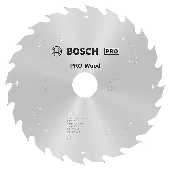 Bosch Kreissägeblatt Standard for Wood - 190 mm, Bohrung: 30 mm, Anzahl Zähne: 24 Stk. - Nahaufnahme eines Bosch Pro Wood Kreissägeblatts, ideal für präzise Holzschnitte. Hervorragende Qualität für professionelle Ergebnisse.