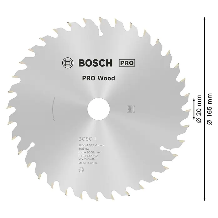 Bosch Kreissägeblatt Pro Wood - 165 mm, Bohrung: 20 mm, Anzahl Zähne: 36 Stk. - Bosch Kreissägeblatt Pro Wood mit 165 mm Durchmesser und 20 mm Bohrung für präzise Holzschnitte.