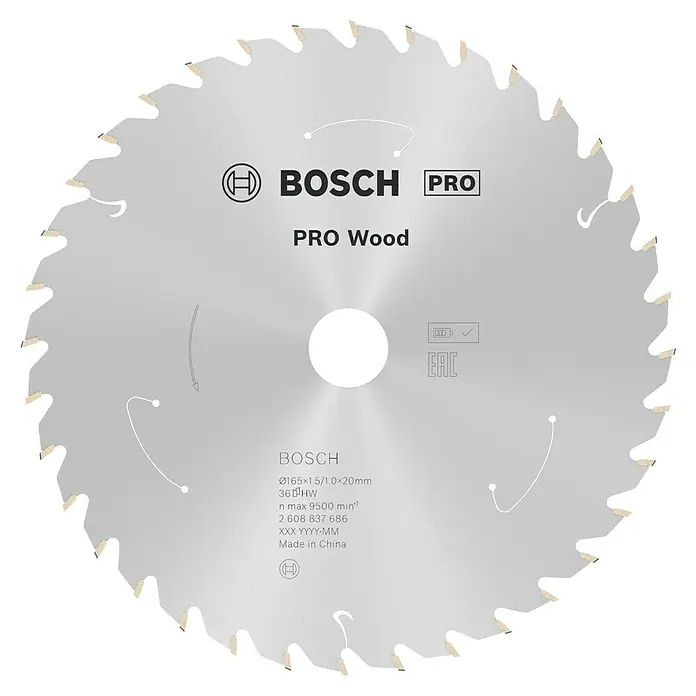 Bosch Kreissägeblatt Standard for Wood - 165 mm, Bohrung: 20 mm, Anzahl Zähne: 36 Stk. - Das Bild zeigt ein Bosch Pro Wood Kreissägeblatt mit 165 mm Durchmesser, ideal für präzise Holzschnitte.