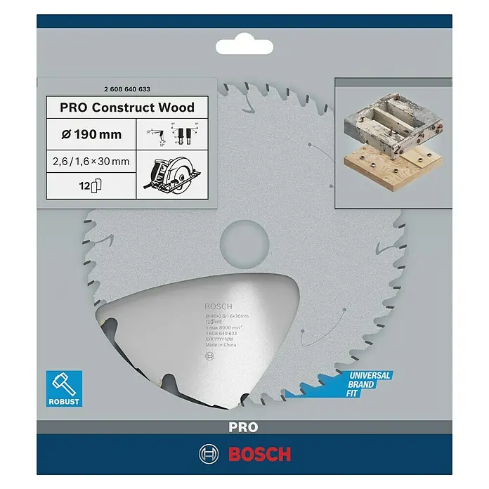 Bosch Kreissägeblatt Construct Wood - 190 mm, Bohrung: 30 mm, Anzahl Zähne: 12 Stk. - Bild einer Bosch Pro Construct Wood Kreissägeblatt mit einem Durchmesser von 190 mm, ideal für robuste Holzarbeiten.