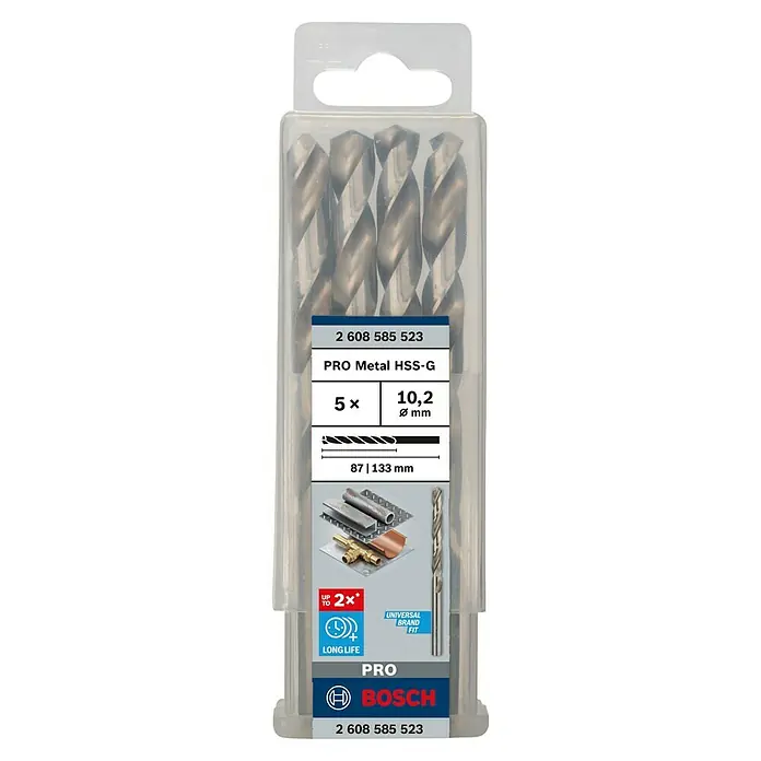 Bosch Metallbohrer HSS-G - Durchmesser Bohrer: 10,2 mm - Das Bild zeigt eine Packung Bosch Pro Metal HSS-G Bohrer, 5 Stück mit 10,2 mm Durchmesser, verpackt in einer durchsichtigen Kunststoffverpackung.