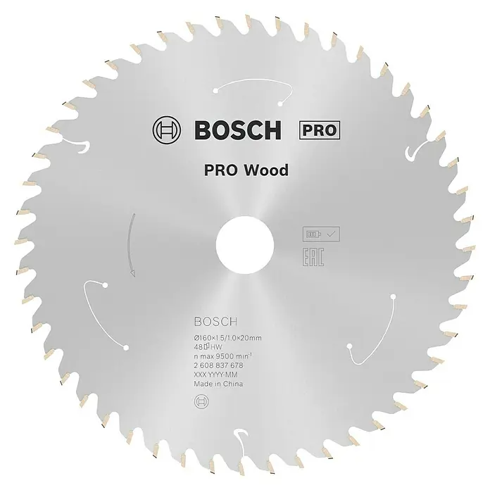 Bosch Kreissägeblatt Standard for Wood - 160 mm, Bohrung: 20 mm, Anzahl Zähne: 48 Stk. - Nahaufnahme eines Bosch Pro Wood Sägeblatts.