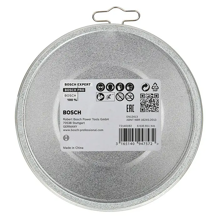 Bosch Professional X-Lock Trennscheibe Standard for Inox - Geeignet für: Metall, Durchmesser Scheibe: 125 mm, 10 Stk. - Abbildung einer Bosch Expert Trennscheibe, verpackt in einer silbernen Metalldose mit Produktinformationen und Logos.