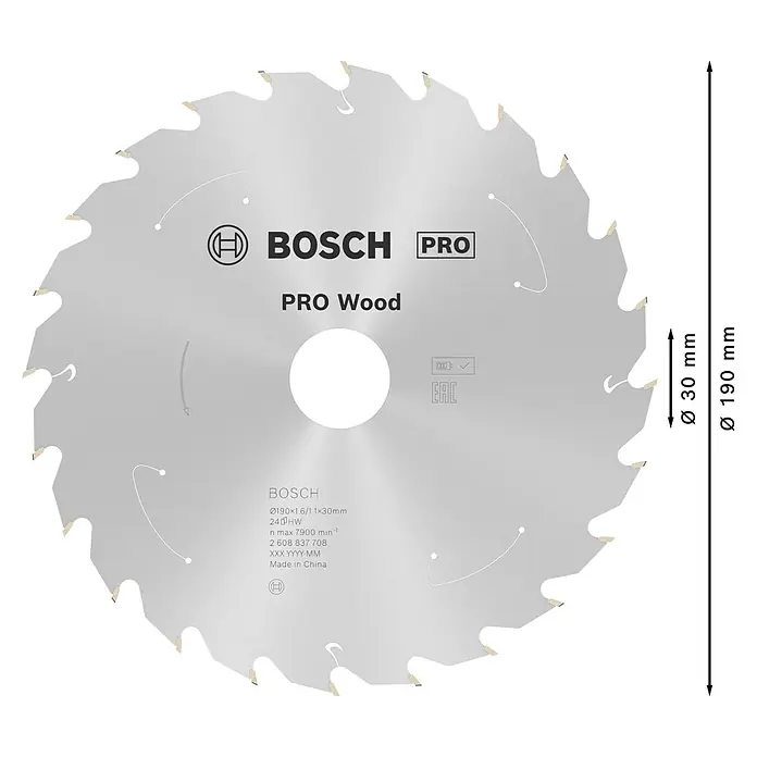 Bosch Kreissägeblatt Standard for Wood - 190 mm, Bohrung: 30 mm, Anzahl Zähne: 24 Stk. - Das Bild zeigt ein Bosch Pro Kreissägeblatt für Holz mit den Maßen Ø190x1.6/1.1x30mm.