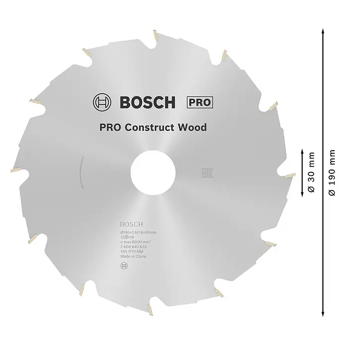 Bosch Kreissägeblatt Construct Wood - 190 mm, Bohrung: 30 mm, Anzahl Zähne: 12 Stk. - Kreissägeblatt "Bosch PRO Construct Wood" mit einem Durchmesser von 190 mm und einer Bohrung von 30 mm für präzise Holzschnitte.