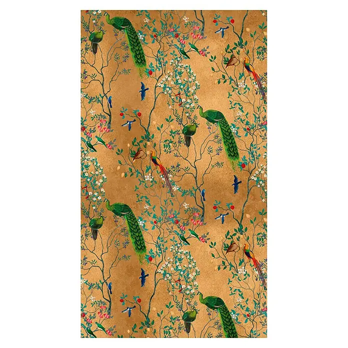 A.S. Création The Wall 3 Fototapete Pfauen und Vögel - B x H: 159 x 280 cm, Vlies - Ein Musterstoff mit goldenem Hintergrund, verziert mit Pfauen, Vögeln und blühenden Ästen für stilvolle Dekorationen.