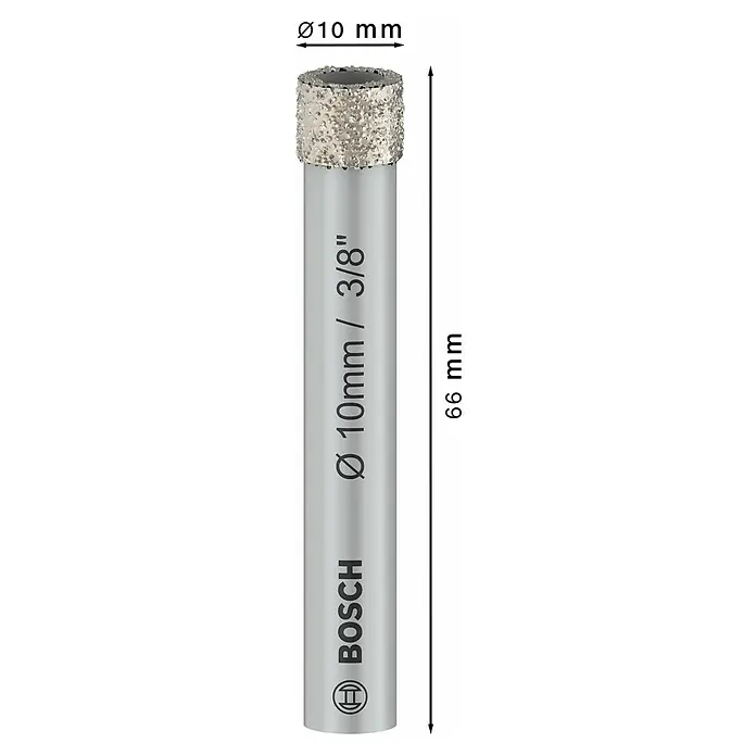Bosch Expert Diamant-Trockenbohrer FOR CERAMIC - Durchmesser Bohrer: 10 mm - Abbildung eines Bosch Diamantbohrers mit den Maßen Ø10mm und einer Länge von 66mm.