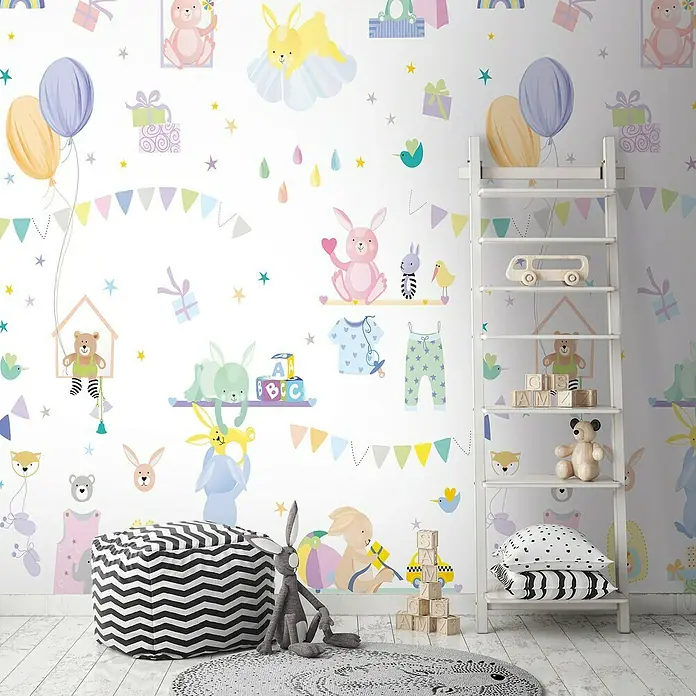 A.S. Création The Wall 2 Fototapete Tiermotiv - B x H: 159 x 280 cm, Vlies - Wandbild mit pastellfarbenen Hasen, Teddybären und Geschenken, das eine fröhliche und verspielte Atmosphäre für ein Kinderzimmer schafft.
