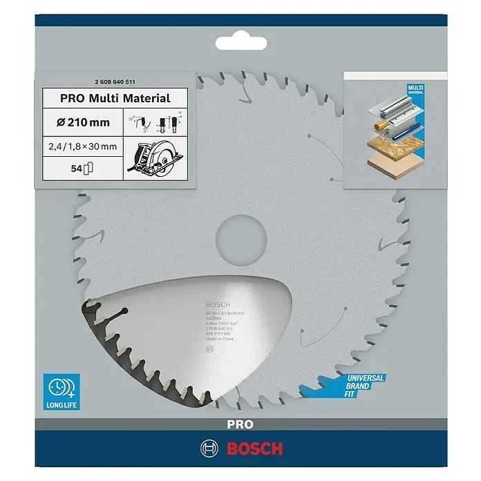 Bosch Kreissägeblatt Multi Material - 210 mm, Bohrung: 30 mm, Anzahl Zähne: 54 Stk. - Abbildung eines Bosch Pro Multi Material Sägeblatts mit 210 mm Durchmesser, geeignet für diverse Materialien und langlebigen Einsatz.