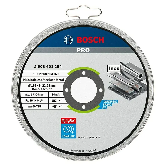 Bosch Trennscheibe Inox - Durchmesser Scheibe: 115 mm, Stärke Scheibe: 1 mm, 10 Stk. - Bosch PRO Trennscheibe für Edelstahl und Metall, 115x1x22,23 mm, ideal für präzise Schnitte mit langer Lebensdauer.