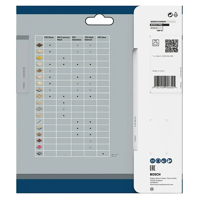 Bosch Kreissägeblatt Standard for Wood - 165 mm, Bohrung: 20 mm, Anzahl Zähne: 24 Stk. - Bosch Professional Sägeblatt-Verpackung mit Materialübersicht für Holz, Aluminium und Stahl.