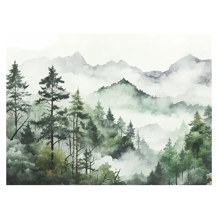A.S. Création The Wall 3 Fototapete Waldlandschaft im Nebel - B x H: 371 x 280 cm, Vlies - Aquarellmalerei einer nebligen Berglandschaft mit üppigem Wald im Vordergrund, vermittelt Ruhe und die Schönheit der Natur.