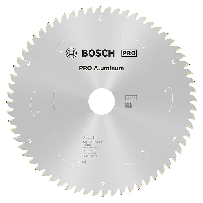 Bosch Kreissägeblatt Standard for Aluminium - 216 mm, Bohrung: 30 mm, Anzahl Zähne: 64 Stk. - Nahaufnahme des Bosch Pro Aluminium Sägeblatts, ideal zum Schneiden von Aluminium.