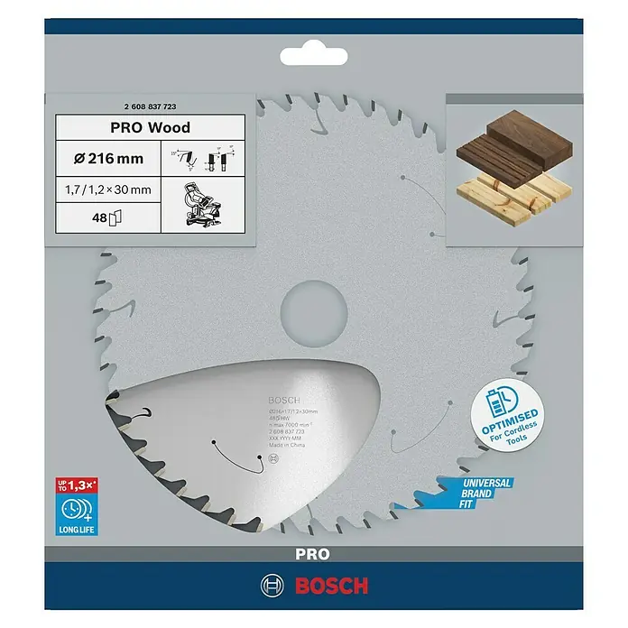 Bosch Kreissägeblatt Standard for Wood - 216 mm, Bohrung: 30 mm, Anzahl Zähne: 48 Stk. - Das Bild zeigt ein Bosch Kreissägeblatt Pro Wood mit einem Durchmesser von 216 mm, optimiert für Akku-Werkzeuge und geeignet für Holzbearbeitung.