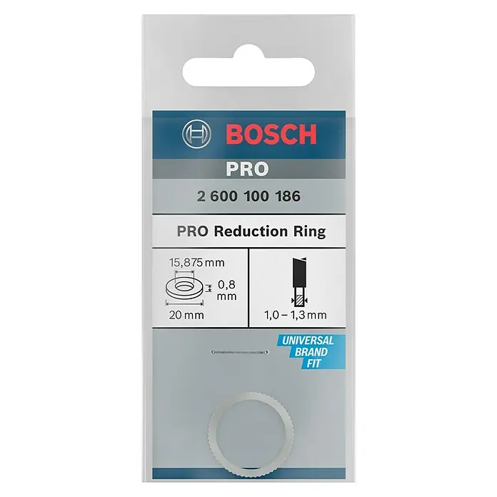 Bosch Reduzierring - Durchmesser: 20 mm, Bohrung: 15,875 mm, Stärke: 0,8 mm - Abbildung der Verpackung eines Bosch PRO Reduzierrings mit den Maßen 15,875 mm Innendurchmesser, 20 mm Außendurchmesser und 0,8 mm Dicke.