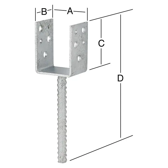 Stabilit Soportes en U - 61 x 50 x 80 mm - Imagen de un soporte de poste en forma de U con medidas A, B, C y D. Utilizado para asegurar postes en proyectos de construcción.