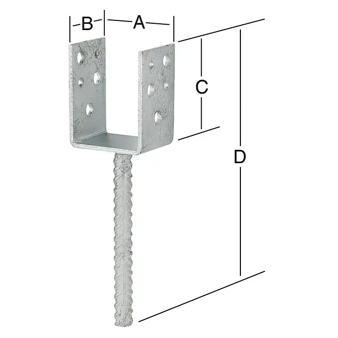 Stabilit Soportes en U - 81 x 50 x 80 mm - Imagen de un soporte de poste en forma de U con medidas A, B, C y D. Utilizado para asegurar postes en proyectos de construcción.