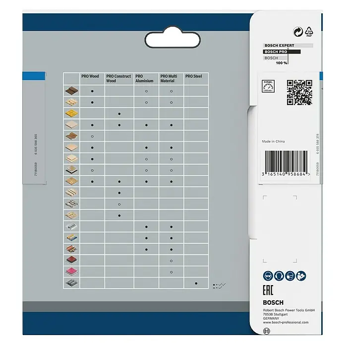 Bosch Kreissägeblatt Standard for Steel - 136 mm, Bohrung: 20 mm, Anzahl Zähne: 30 Stk. - Bosch EXPERT Säbelsägeblatt-Verpackung mit Materialübersicht, Barcode, Herstellerinformationen und Sicherheitshinweisen für professionelle Anwender.