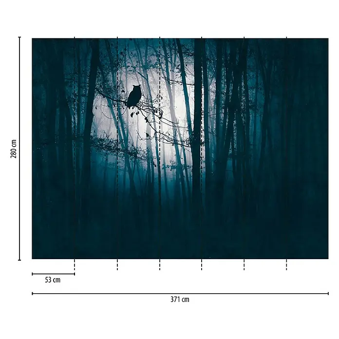 A.S. Création The Wall 3 Fototapete Eule - B x H: 371 x 280 cm, Vlies - Fototapete mit dunklem Waldmotiv und einer Silhouette einer Eule auf einem Ast, Maße 371 x 280 cm.