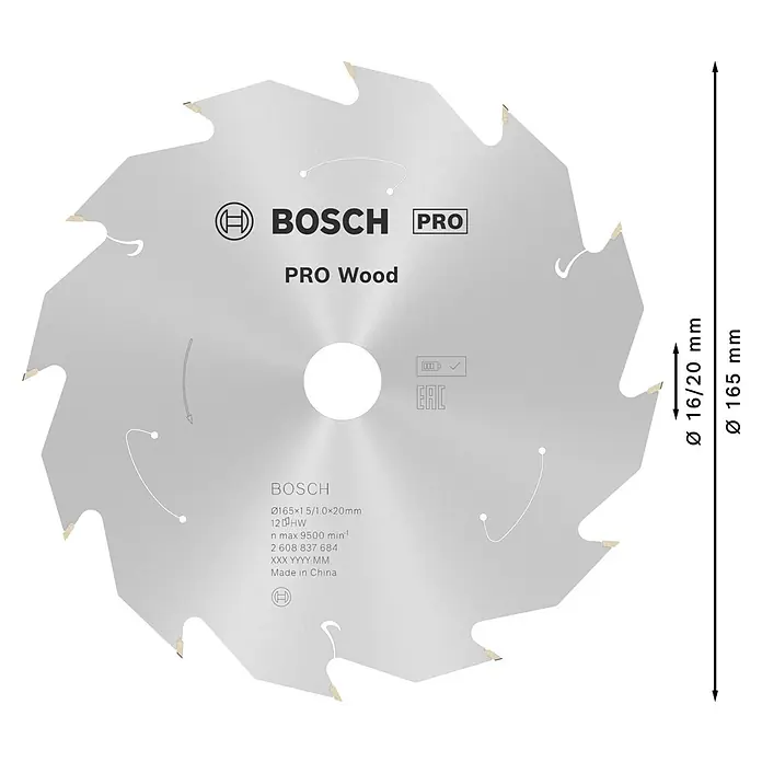Bosch Kreissägeblatt Standard for Wood - 165 mm, Bohrung: 20 mm, Anzahl Zähne: 12 Stk. - Bosch Kreissägeblatt Pro Wood, Durchmesser 165 mm, für professionelle Holzarbeiten. Ideal für präzise Schnitte.