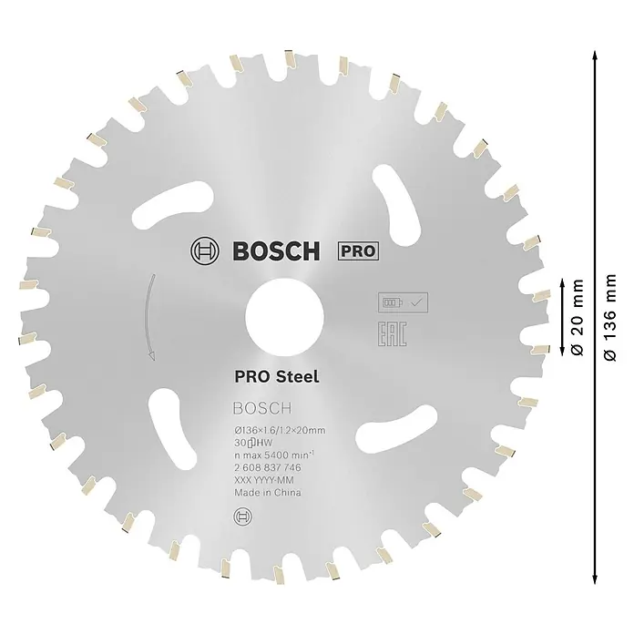 Bosch Kreissägeblatt Standard for Steel - 136 mm, Bohrung: 20 mm, Anzahl Zähne: 30 Stk. - Abbildung eines Bosch Pro Steel Kreissägeblatts mit den Maßen Ø 136 mm und Ø 20 mm.