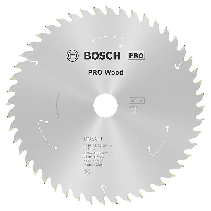 Bosch Kreissägeblatt Standard for Wood - 165 mm, Bohrung: 20 mm, Anzahl Zähne: 48 Stk. - Bild einer Bosch Pro Wood Kreissägeblatt.
