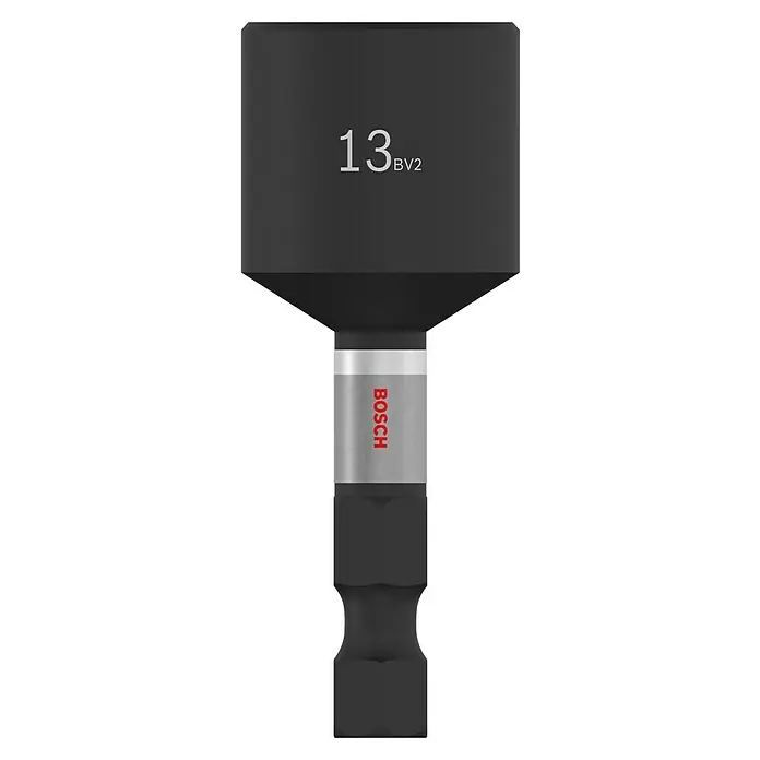 Bosch Inserto para llaves de vaso Impact Control - Ancho de llave: 13 mm, Tamaño de accionamiento: ¼'' hexágono exterior - La imagen muestra una llave de vaso Bosch de 13 mm en negro y plata con el logotipo de Bosch, utilizada para atornillar.